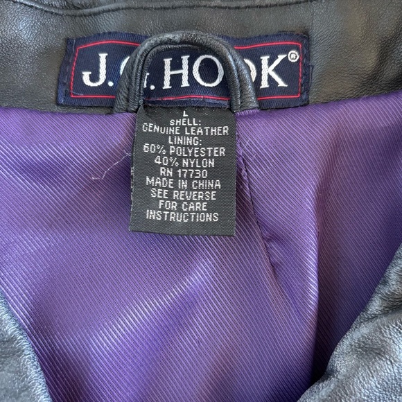 J.G. Hook Black Leather Jacket Womens Lg Button Front Purple Lined Classic Chic - Picture 8 of 15